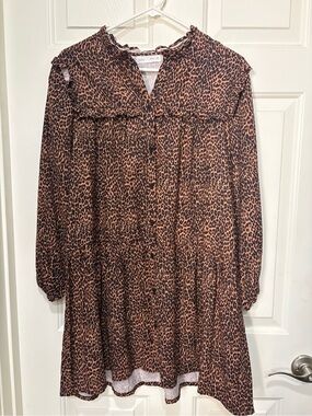 Zara Brown and Black Leopard Print Long Sleeve Tiered Dress